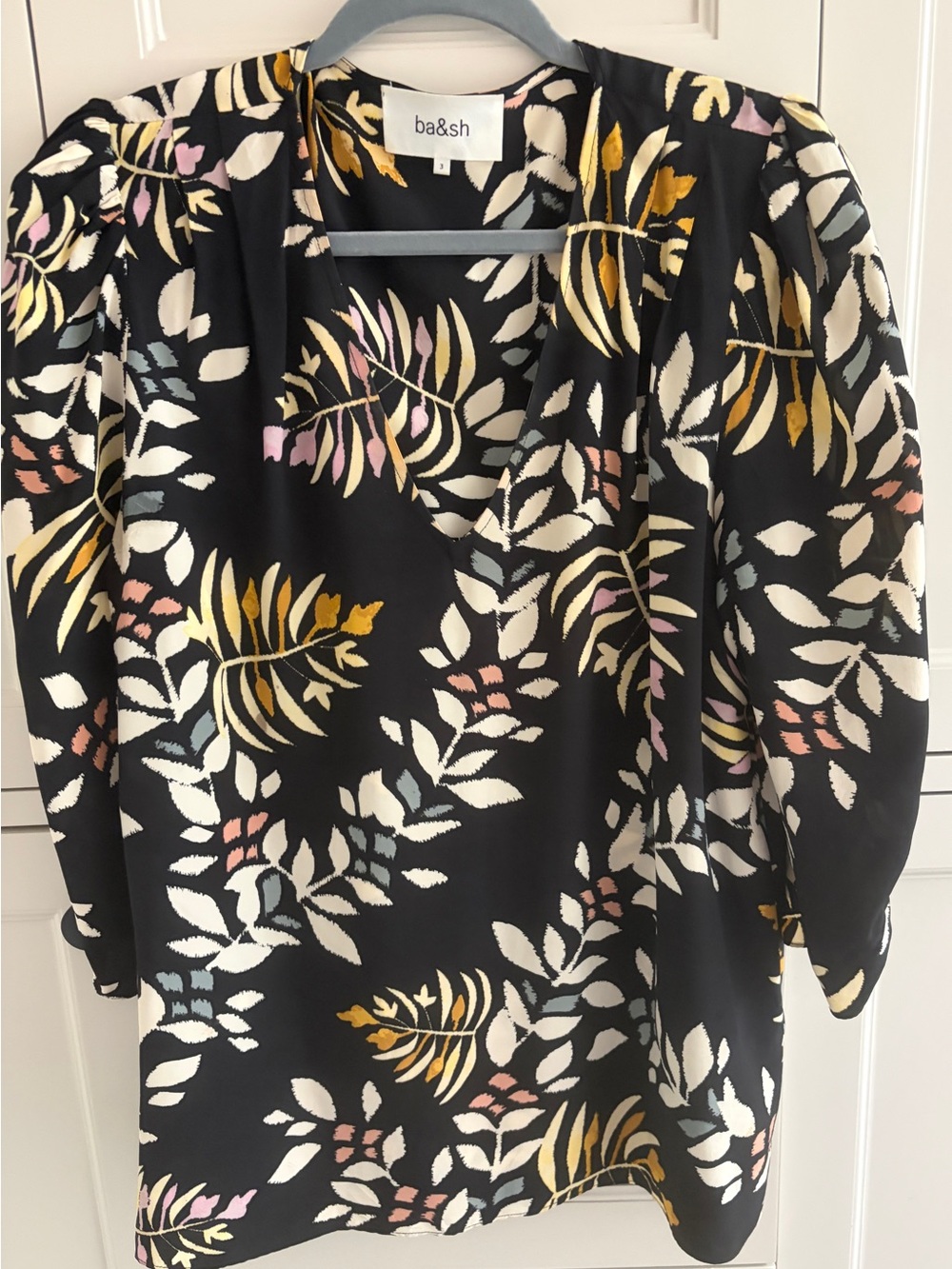 ba&sh Black Floral Print V-Neck Blouse with Cream, Mustard & Pink Accents Sz 3/L